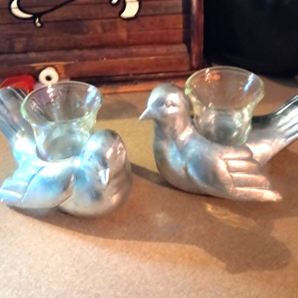 Wooden Silver Bird Tealight Holders